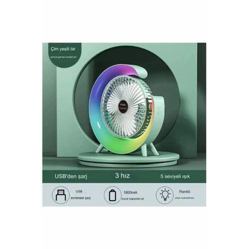 Masaüstü Vantilatör Usb Şarjlı Rgb Led Işıklı 3 Kademeli 180° Ayarlanabilir Soğutucu Fan Yeşil