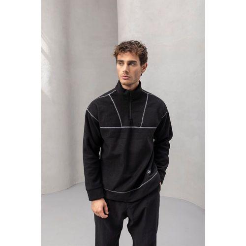 Crowe Çizgi Şeritli Oversize Yarım Fermuar Polar Erkek Sweatshirt - Siyah