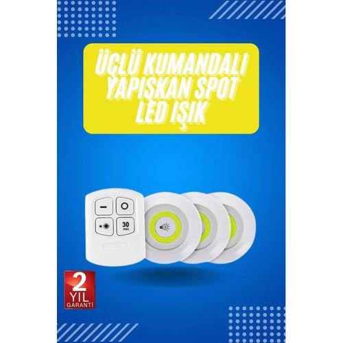 Yapışkanlı 3'lü Spot Led Işık Lamba Montajsız Pilli Uzaktan Kumandalı