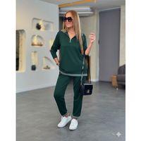 Kadın Uzun Kollu Fermuarlı şerit Detay Desenli Alt üst Ikili Viskon Iki Iplik Takım