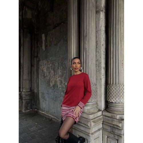 Pilelistore Kadın Uzun Kollu Bisiklet Yaka Kol Ağzı Ve Etek Ucu Baskılı Iki Iplik Elbise