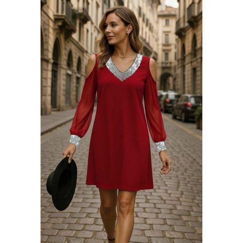 Kadın Uzun Kollu Kollar Tül V Yakalı Mini Janjan Krep Elbise