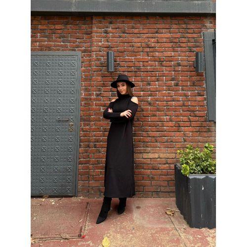 Kadın Balıkçı Yaka Omuzlardan Açık Uzun Kollu Janjan Krep Elbise