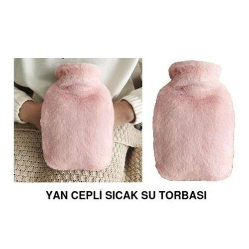 Sıcak Su Torbası Yan Cepli Pembe  Peluş Termofor 27X17X2Cm  1 Litre