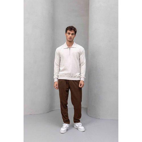 Eric Relax Fit Yarım Fermuarlı Polo Yaka Selanik Kumaş Erkek Sweatshirt - Taş