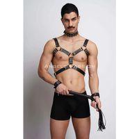 Kırbaç Ve Çivili Choker Detaylı Erkek  Fantazi Giyim, Deri Erkek  Harness Takım - Brfm102