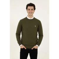 Erkek Bisiklet Yaka Nakış Işlemeli Triko Kazak Yumuşak Dokulu Pamuklu Ince Dokuma, Uzun Kollu Rahat Regular Kalıp - Haki