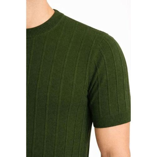 Erkek Yazlık Fitilli Triko Tişört Kısa Kol Bisiklet Yaka T-Shirt - Haki