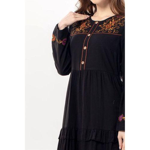 Uzun Kol Zeynep Bisiklet Yaka Nakışlı Uzun Vual Elbise Siyah Syh