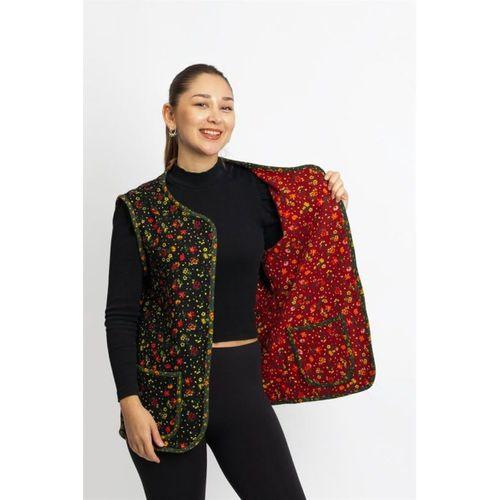 Kolsuz Meryem Çift Taraflı Cepli Pazen Kışlık Yelek Çiçek Siyah/Bordo ÇiçekSyh