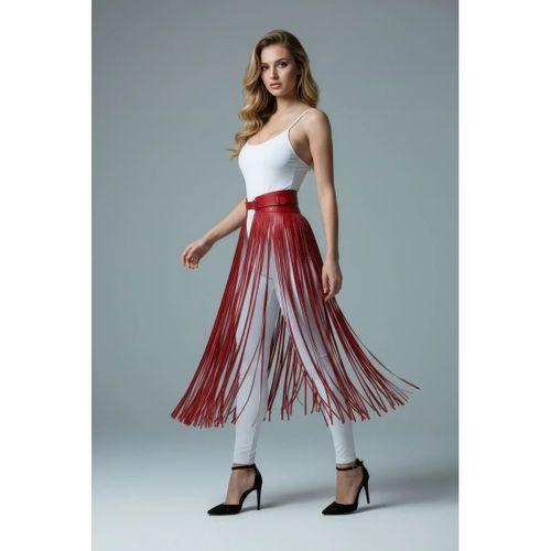 Kırmızı Etek Uzun Püskül Detaylı Etek Suni Deri Etek - Brf1003