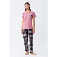 Kadın Somon Ayıcık Baskılı Ekoseli Penye Pijama Takımı