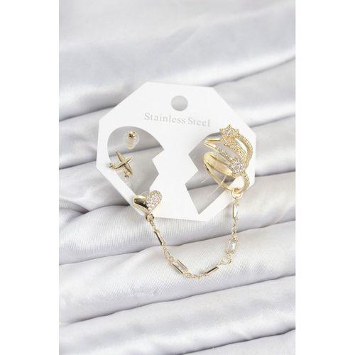 Kalp Yıldız Model Pirinç Gold Renk Zincir Bağlantılı Ear Cuff Küpe Seti - TJ-BKP11547