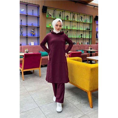 Kapşonlu Yandat Çıtçıtlı Sade Basic Uzun Tunik ve Pantolon İkili Spor Takım - 03071.020 - Mürdüm