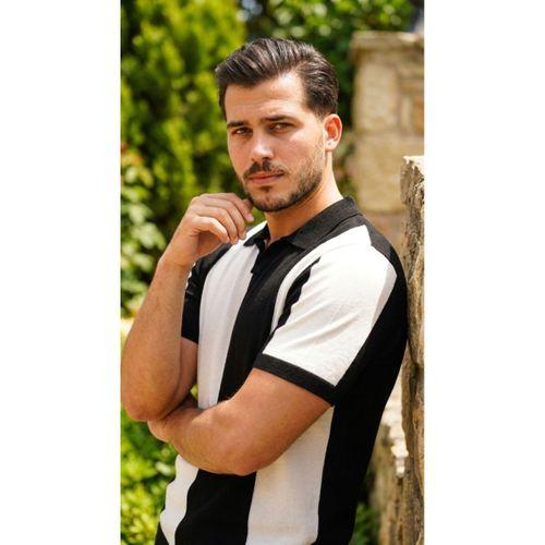 Erkek Kısa Kollu Polo Yakalı Blok Desenli Triko Bluz