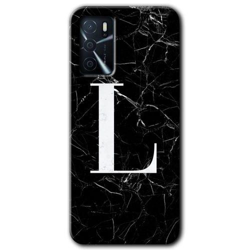 Oppo A16 Kılıf Kapak - Siyah Mermer Desenli L Harfi +Hayalet Ekran Yandan Gözükmez