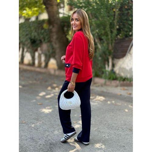 Kadın Uzun Kollu Ribanali Cep Detay Hırka Ve Bol Paça Pantolon Ikili Takım