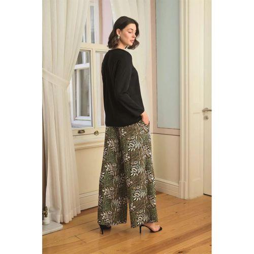 Çiçek Yaprak Ve Etnik Desenli Uzun Kollu Pijama Takımı