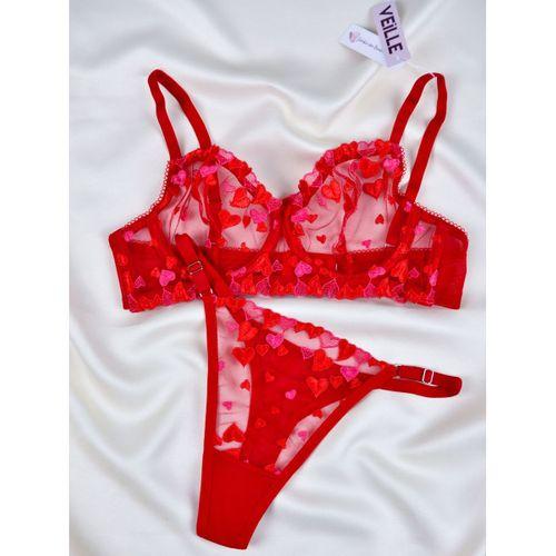 Kadın Kalpli Kırmızı Dantelli Balenli Sütyen Külot Takım