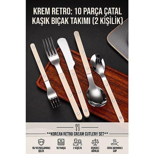 Kore Stili Retro 18/10 Paslanmaz Çelik 10 Parça Çatal Kaşık Bıçak Seti, kREM Karbon Saf Saplı 2 Kişilik Yemek Takımı 723566