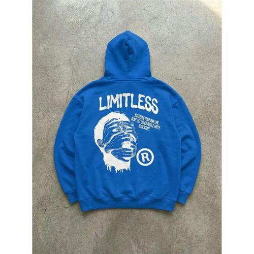 Erkek Premium Baskılı Kapşonlu Sweatshirt Üç İplik İçi Pamuklu Kanguru Cepli - Saks Mavisi