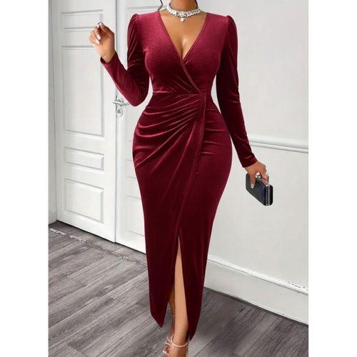 Kadın Uzun Kollu Kruvaze Yaka önünden çapraz Detaylı Uzun Kadife Elbise