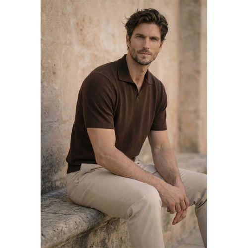 Dawson Polo V Yaka Düğmesiz Kısa Kollu Tok Kumaş Triko Erkek T-Shirt - Kahve