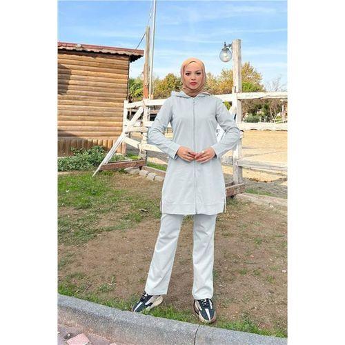 Fermuarlı Kapşonlu İkili Sade Basic Eşofman Spor Takımı - 03052.008 - Gri