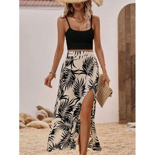 Kadın Ip Askılı Yuvarlak Yaka Kısa Viskon Bluz Ve Desenli Yırtmaçlı Süprem Etek Ikili Takım