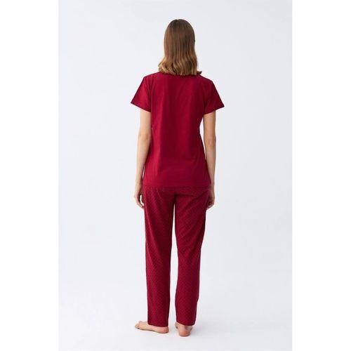 Kadın Bordo Kalp Desenli Kısa Kollu Penye Pijama Takımı