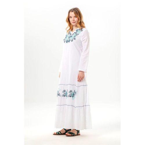 Uzun Kol Venedik Nakışlı Şile Bezi Otantik Uzun Elbise Beyaz Byz