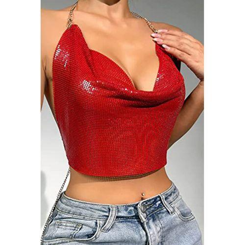 Kristal Kırmızı Taşlı Parlak Crop & Bluz Kolsuz Kayık Yaka Parti Plaj Büstiyer