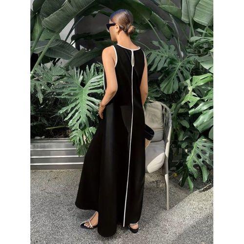 Kadın Omuzlardan Açık Yaka Ince şerit Detaylı Uzun Viskon Elbise