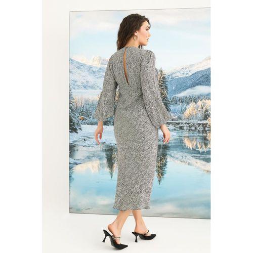 %100 Viskon Desenli Uzun Kollu Saten Elbise