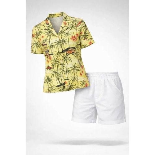 Gün Batımı Tropikal Desenli Kısa Kol Gömlek Şort Takım Yazlık Rahat Kalıp - Desenli