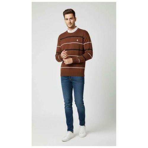 Erkek Bisiklet Yaka Cizgili Triko Kazak Yumuşak Dokulu Pamuklu Ince Dokuma, Uzun Kollu Rahat Regular Kalıp - Kahverengi