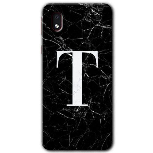 Samsung Galaxy A01 Core Kılıf Baskılı Kapak - Siyah Mermer Desenli T Harfi + 5D Tam Kaplayan Cam