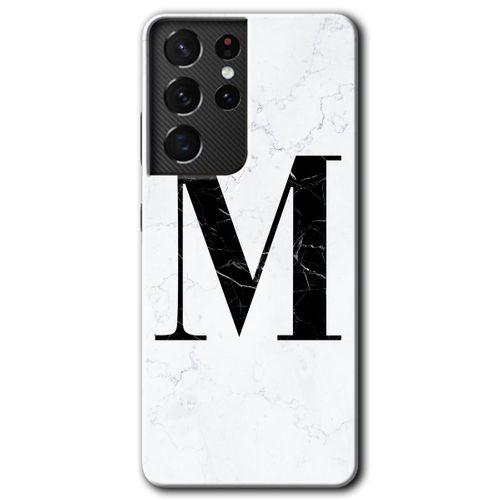Samsung Galaxy S21 Ultra HD Baskılı Kılıf + 9D Tam Ekran Koruyucu - Beyaz Mermer Desenli M Harfi