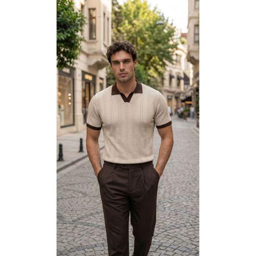 Erkek Örgü Desen Yakalı Kısa Kollu Triko Tişört - %100 Pamuk Akrilik