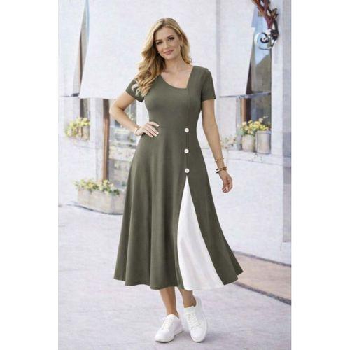 Kadın Kısa Kollu Asimetrik Yakalı Düğme Detaylı Midi Viskon Elbise