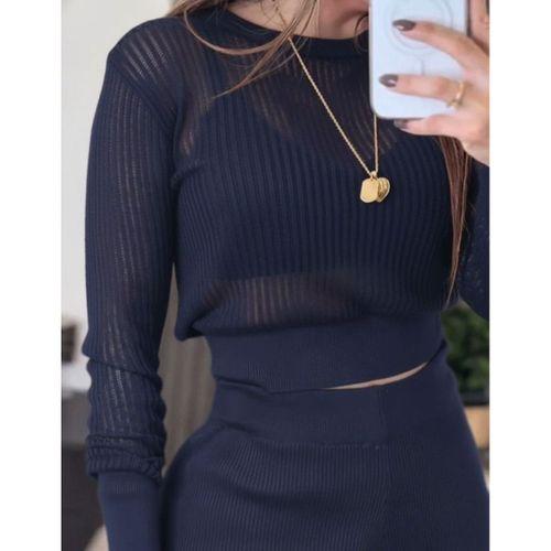 Kadın Uzun Kollu Yuvarlak Yaka Transparan Detaylı Triko Bluz Ve Pantolon Ikili Takım