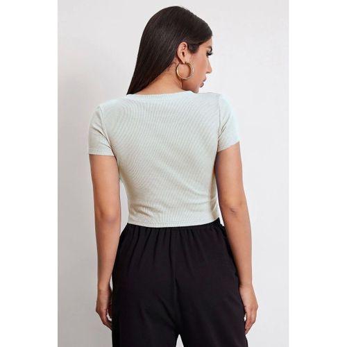 Kadın Beyaz Modern Fit Yuvarlak Yaka Crop Bluz