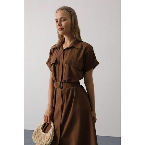 Kuşaklı Cep Detaylı Yarım Kol Elbise - Kahve