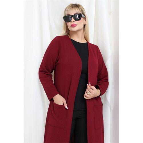 Melsay Butik Büyük Beden Bordo Dokulu Örme Kumaş Uzun Kadın Hırka