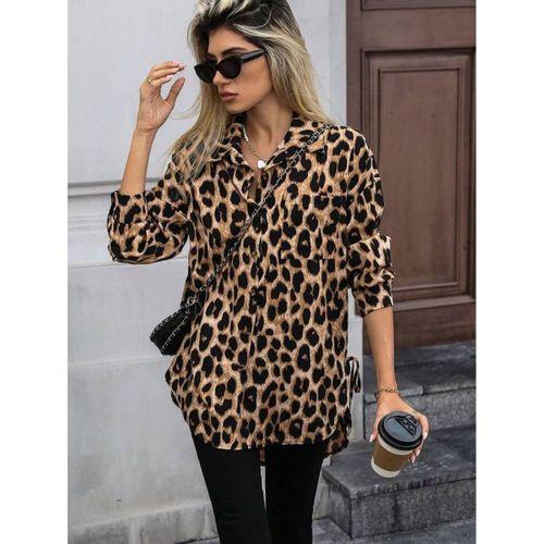 Kadın Uzun Kollu Yakalı önden Düğmeli Yandan Bağcıklı Leopar Desenli Modal Bluz