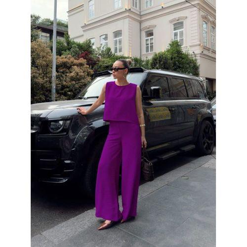 Kadın Geniş Paça Pantolon Ve Bluzlu Aerobin Kumaş Ikili Takım