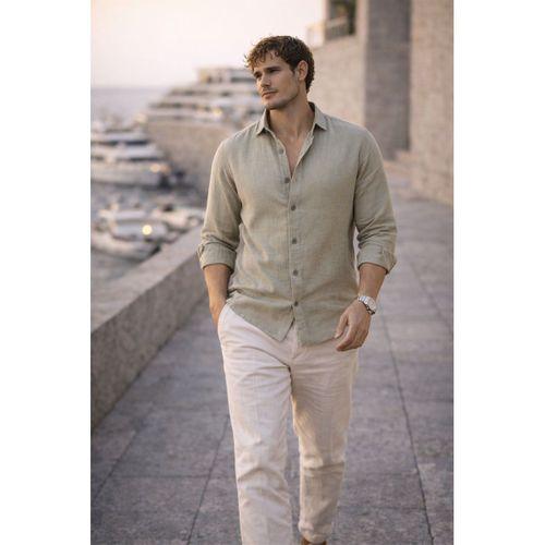 Nefes Alabilir Yarım Oversize Müslin Kumaş Uzun Kol Yakalı Erkek Gömlek - Açık Haki