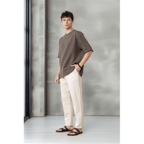 Pamuk Flamli Düz Paça Rahat Kalıp Jogger Erkek Pantolon - Beyaz