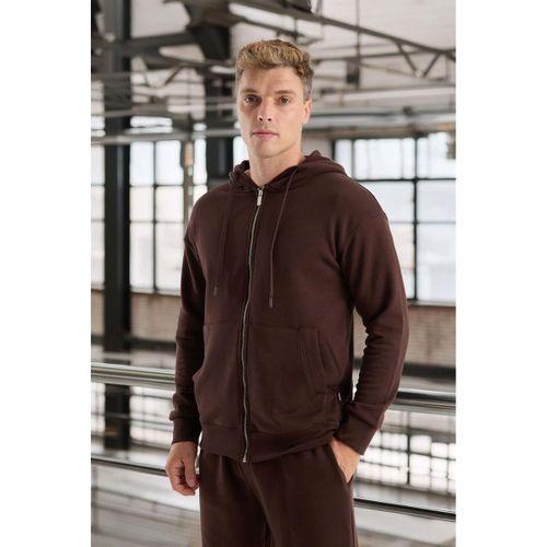 Haneke Regular Kalıp Diagonal 3 İplik Fermuarlı Kapüşonlu Erkek Sweatshirt - Kahve