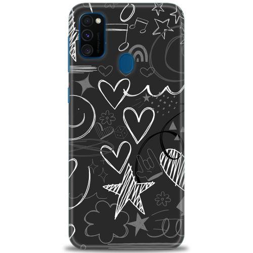 Samsung Galaxy M21 Kılıf HD Baskılı Kılıf - Siyah Kalp ve Notalar + Tam Ekran Koruyucu